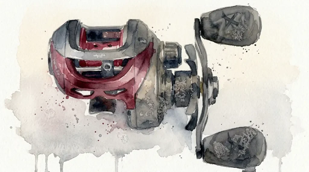 détail du Fox Rage Prism X Baitcaster montrant engrenages, frein puissant et bâti aluminium forgé à froid