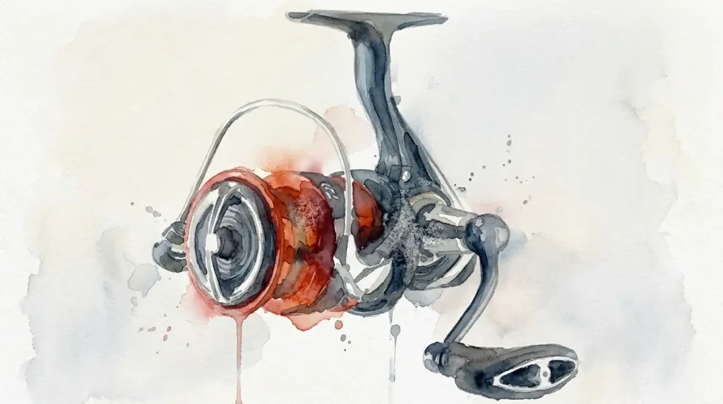 gros plan sur le rotor airdrive et le frein avant du daiwa 23 ninja lt 4000-c, engrenages et bobine en détail
