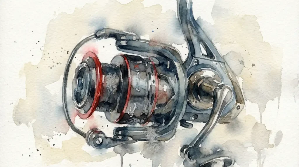 gros plan sur rotor carbone et engrenages du moulinet fox rage prism x 1000 nrl045 avec poignée repliée